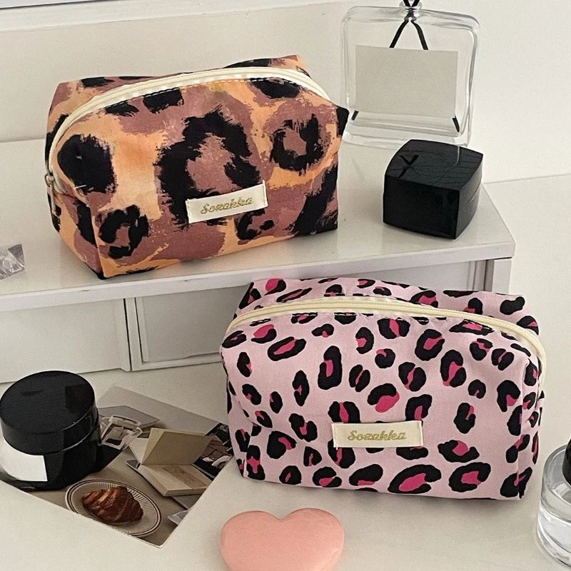 Leopard Print Cosmetic Bag Box Shaped Travel Organizer Women Makeup Pouch Storage Bags