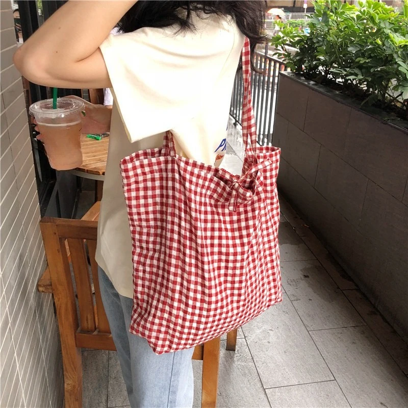 Vintage Plaid Women's Shoulder Bags Large Capacity Female Reusable Shopping Bag Cotton Cloth School Girls Book Tote Handbags