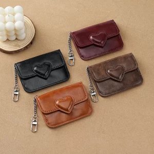 Women Vintage PU Leather Card Holder Cute Heart Shaped Small Wallet Multi-card Key Chain Card Holder Wallet Travel Cash Coin Bag