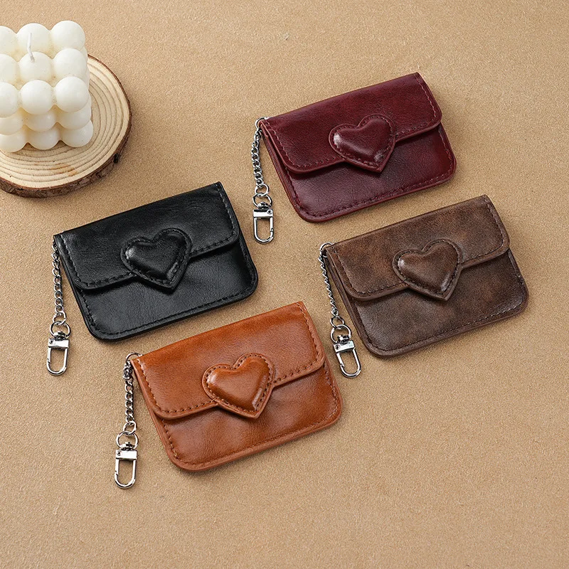 Women Vintage PU Leather Card Holder Cute Heart Shaped Small Wallet Multi-card Key Chain Card Holder Wallet Travel Cash Coin Bag