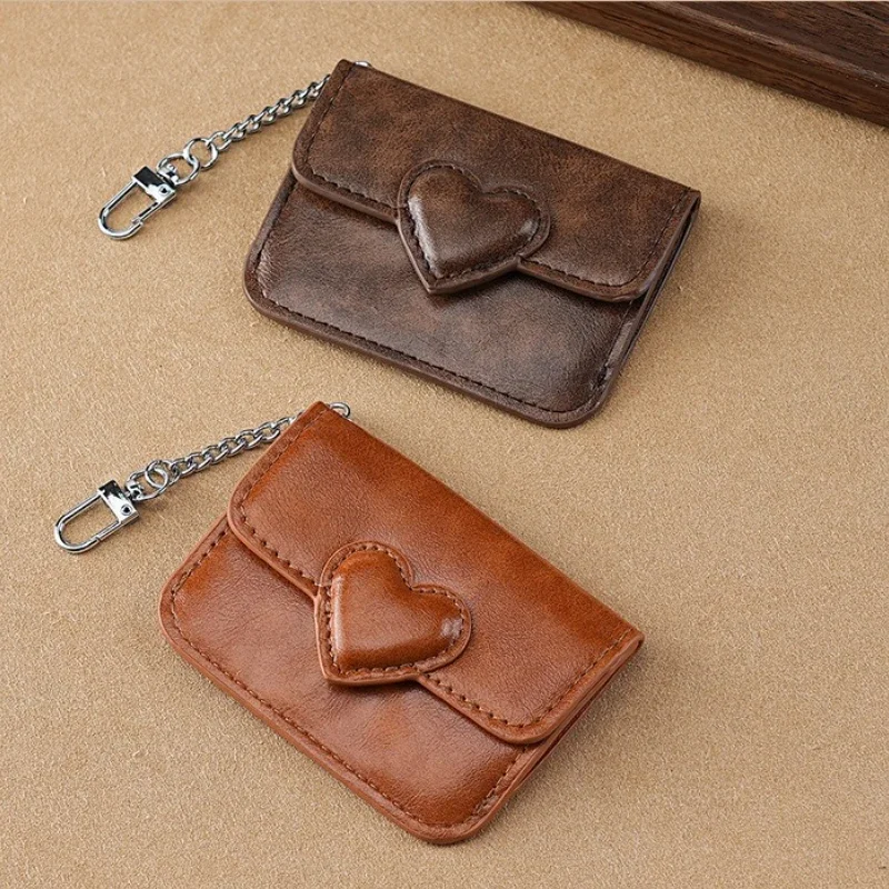 Women Vintage PU Leather Card Holder Cute Heart Shaped Small Wallet Multi-card Key Chain Card Holder Wallet Travel Cash Coin Bag - Image 3