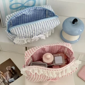Pink Blue Bow Striped Cosmetic Bag Cute Lace Makeup Pouch Large Capacity Women Cosmetic Organizer Storage Bags