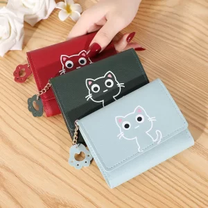 Women's Cute Cat Wallet Female Small Short PU Leather Purse Ladies Card Holder Money Bag Hasp Keychain Fashion Wallet Girls Gift