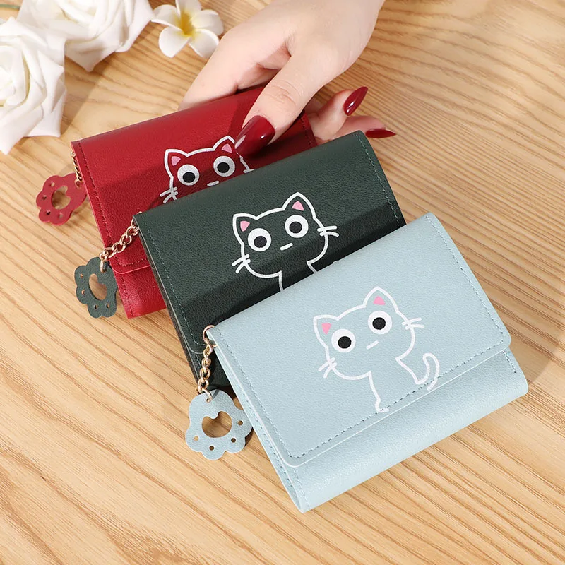 Women's Cute Cat Wallet Female Small Short PU Leather Purse Ladies Card Holder Money Bag Hasp Keychain Fashion Wallet Girls Gift