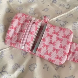 1 Pc Cute Student Coin Purse Pink Bow Print Korean Fashion Wallet Card Holder for Girls Portable Cute Small Storage Bag