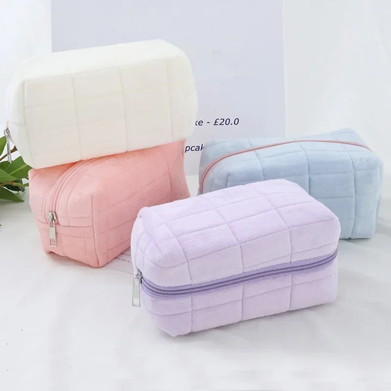Zipper Large Solid Color Cosmetic Bag Cute Makeup Bag for Women Travel Make Up Toiletry Bag Washing Pouch Plush Pen Pouch - Image 3