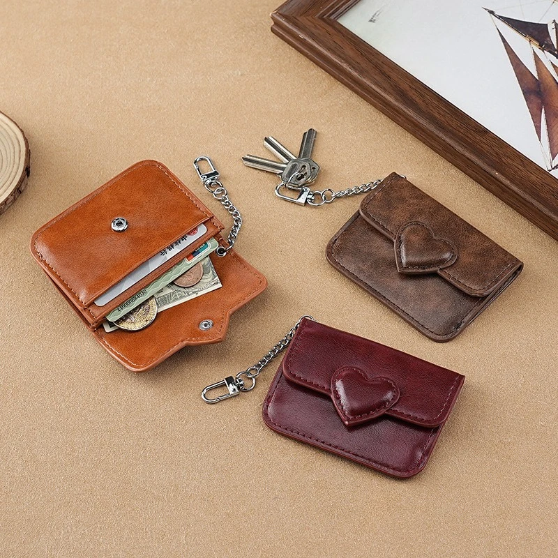 Women Vintage PU Leather Card Holder Cute Heart Shaped Small Wallet Multi-card Key Chain Card Holder Wallet Travel Cash Coin Bag - Image 2